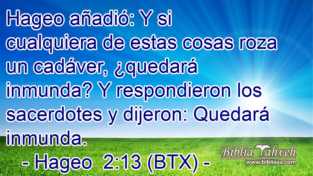 Hageo añadió: Y si cualquiera de estas cosas roza un cadáver, ¿quedará inmunda? Y respondieron los sacerdotes y dijeron: Quedará inmunda.