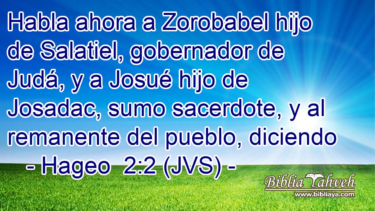 Habla ahora a Zorobabel hijo de Salatiel, gobernador de Judá, y a Josué hijo de Josadac, sumo sacerdote, y al remanente del pueblo, diciendo
