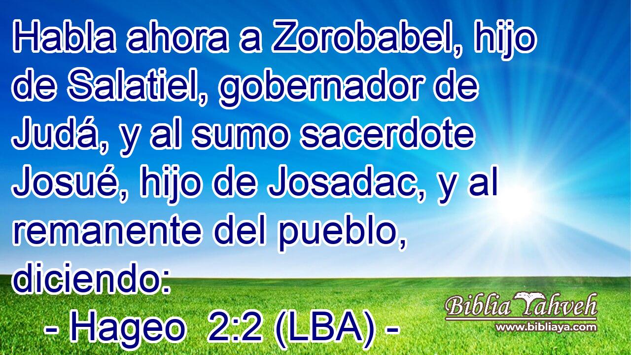 Habla ahora a Zorobabel, hijo de Salatiel, gobernador de Judá, y al sumo sacerdote Josué, hijo de Josadac, y al remanente del pueblo, diciendo: