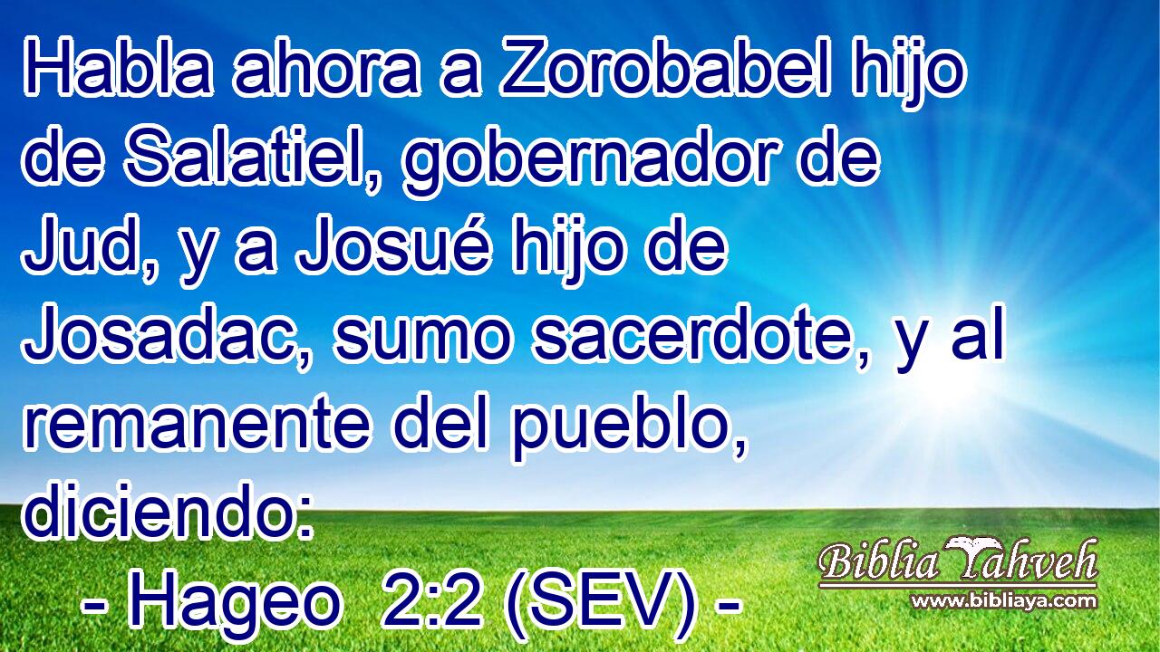 Habla ahora a Zorobabel hijo de Salatiel, gobernador de Jud, y a Josué hijo de Josadac, sumo sacerdote, y al remanente del pueblo, diciendo: