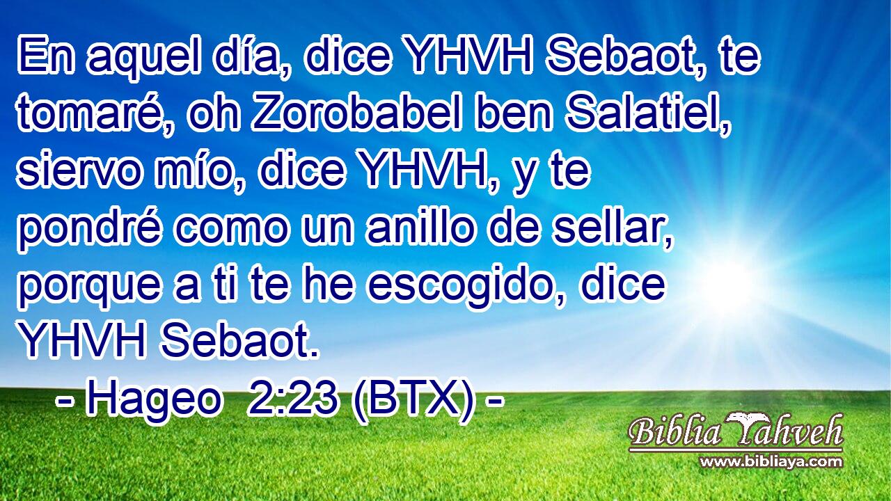En aquel día, dice YHVH Sebaot, te tomaré, oh Zorobabel ben Salatiel, siervo mío, dice YHVH, y te pondré como un anillo de sellar, porque a ti te he escogido, dice YHVH Sebaot.