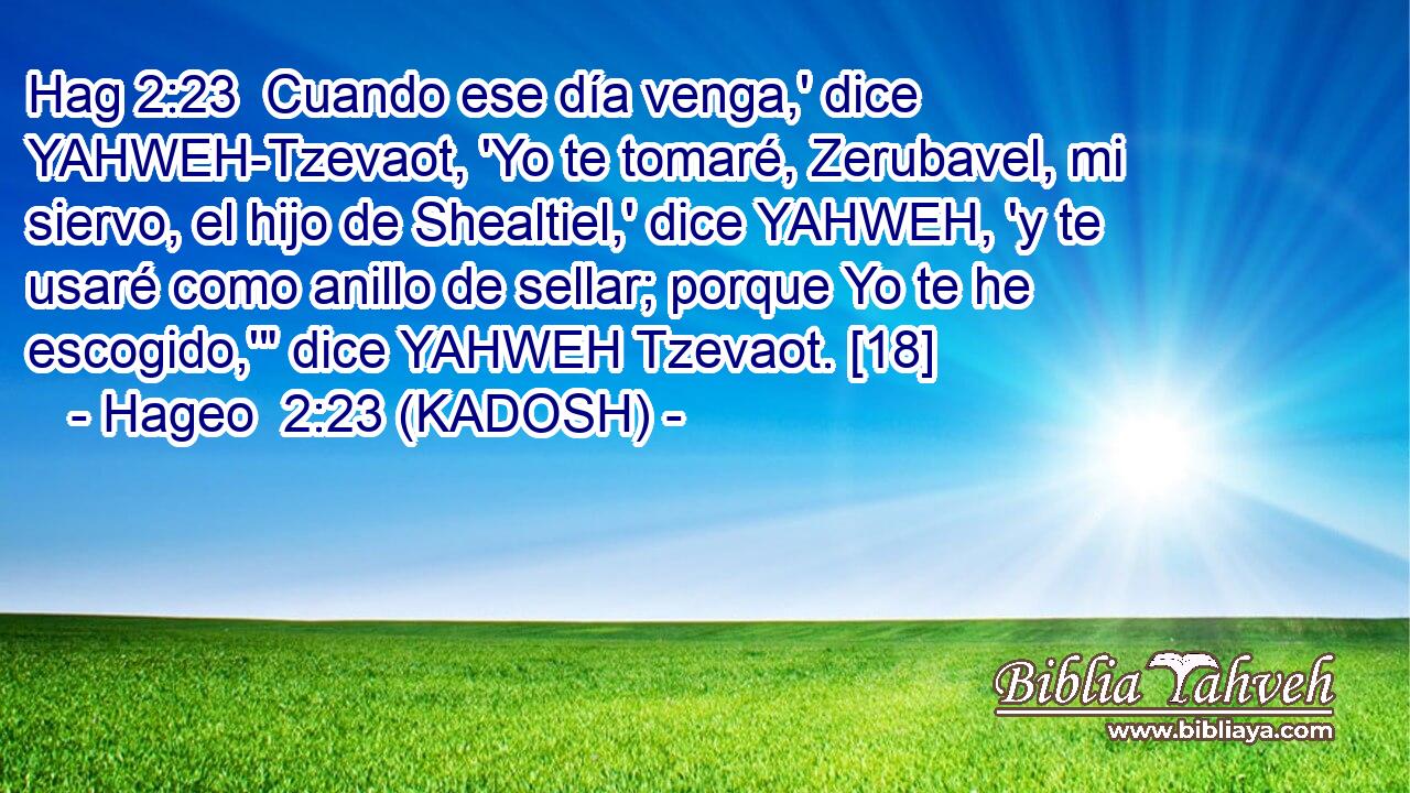  Cuando ese día venga,' dice YAHWEH-Tzevaot, 'Yo te tomaré, Zerubavel, mi siervo, el hijo de Shealtiel,' dice YAHWEH, 'y te usaré como anillo de sellar; porque Yo te he escogido,'
