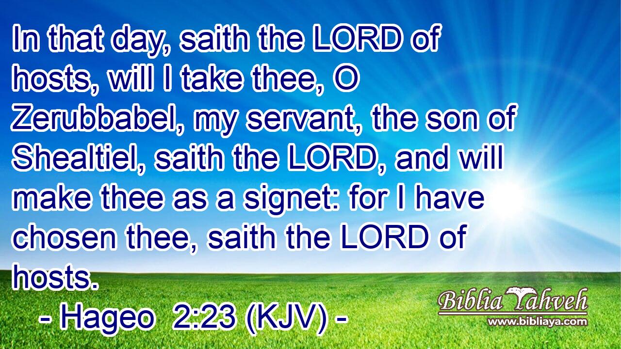In that day, saith the LORD of hosts, will I take thee, O Zerubbabel, my servant, the son of Shealtiel, saith the LORD, and will make thee as a signet: for I have chosen thee, saith the LORD of hosts.
