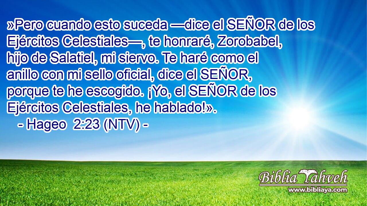 »Pero cuando esto suceda —dice el SEÑOR de los Ejércitos Celestiales—, te honraré, Zorobabel, hijo de Salatiel, mi siervo. Te haré como el anillo con mi sello oficial, dice el SEÑOR, porque te he escogido. ¡Yo, el SEÑOR de los Ejércitos Celestiales, he hablado!».