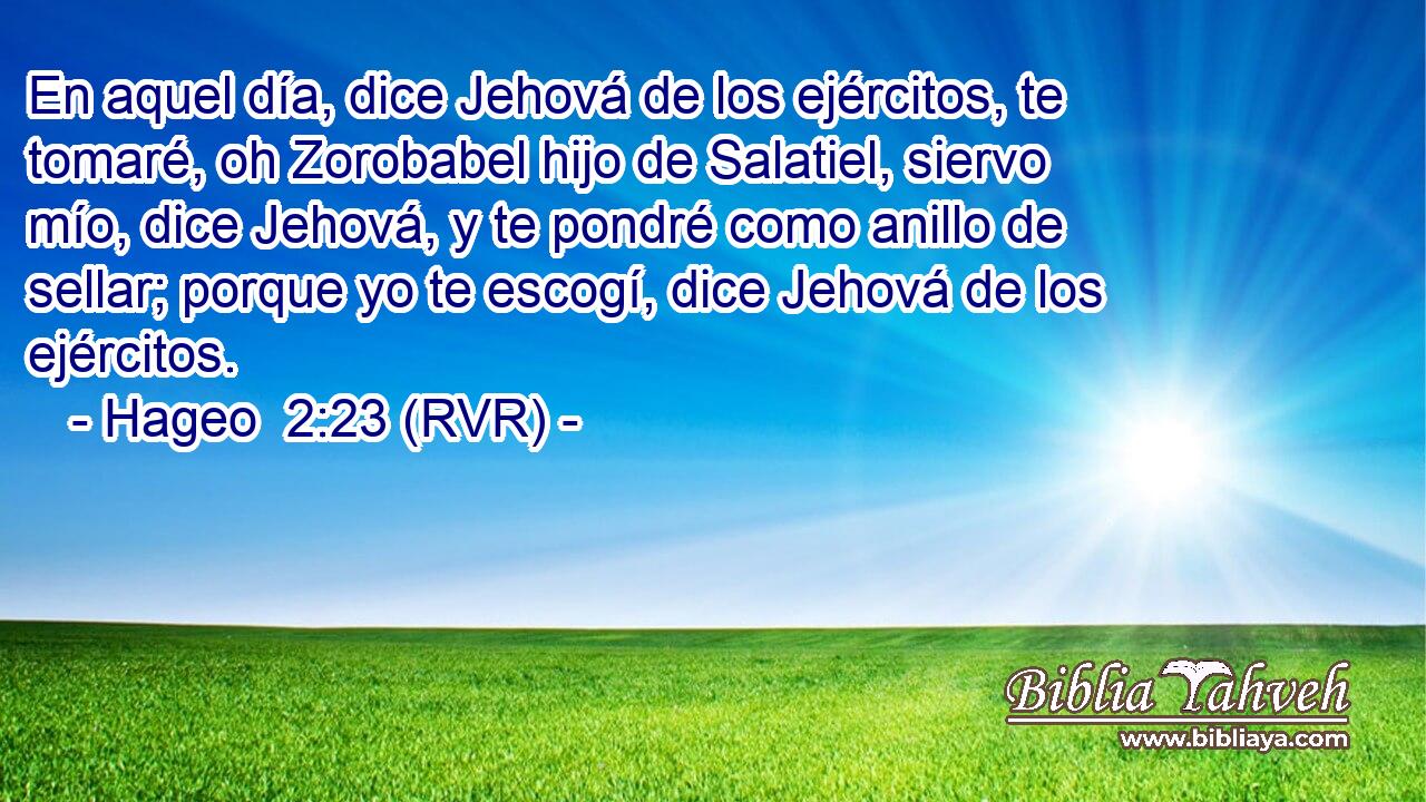 En aquel día, dice Jehová de los ejércitos, te tomaré, oh Zorobabel hijo de Salatiel, siervo mío, dice Jehová, y te pondré como anillo de sellar; porque yo te escogí, dice Jehová de los ejércitos.