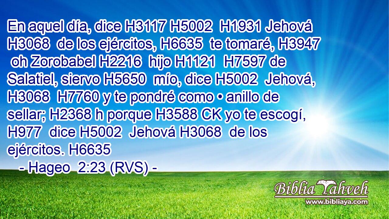 En aquel día, dice H3117 H5002  H1931 Jehová H3068  de los ejércitos, H6635  te tomaré, H3947  oh Zorobabel H2216  hijo H1121  H7597 de Salatiel, siervo H5650  mío, dice H5002  Jehová, H3068  H7760 y te pondré como • anillo de sellar; H2368 h porque H3588 CK yo te escogí, H977  dice H5002  Jehová H3068  de los ejércitos. H6635  