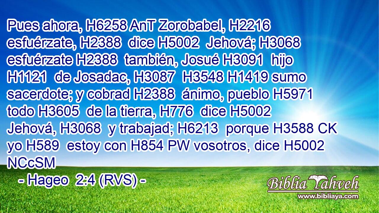 Pues ahora, H6258 AnT Zorobabel, H2216  esfuérzate, H2388  dice H5002  Jehová; H3068  esfuérzate H2388  también, Josué H3091  hijo H1121  de Josadac, H3087  H3548 H1419 sumo sacerdote; y cobrad H2388  ánimo, pueblo H5971  todo H3605  de la tierra, H776  dice H5002  Jehová, H3068  y trabajad; H6213  porque H3588 CK yo H589  estoy con H854 PW vosotros, dice H5002 NCcSM