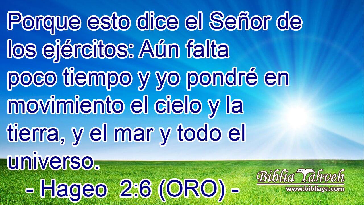  Porque esto dice el Señor de los ejércitos: Aún falta poco tiempo y yo pondré en movimiento el cielo y la tierra, y el mar y todo el universo. 