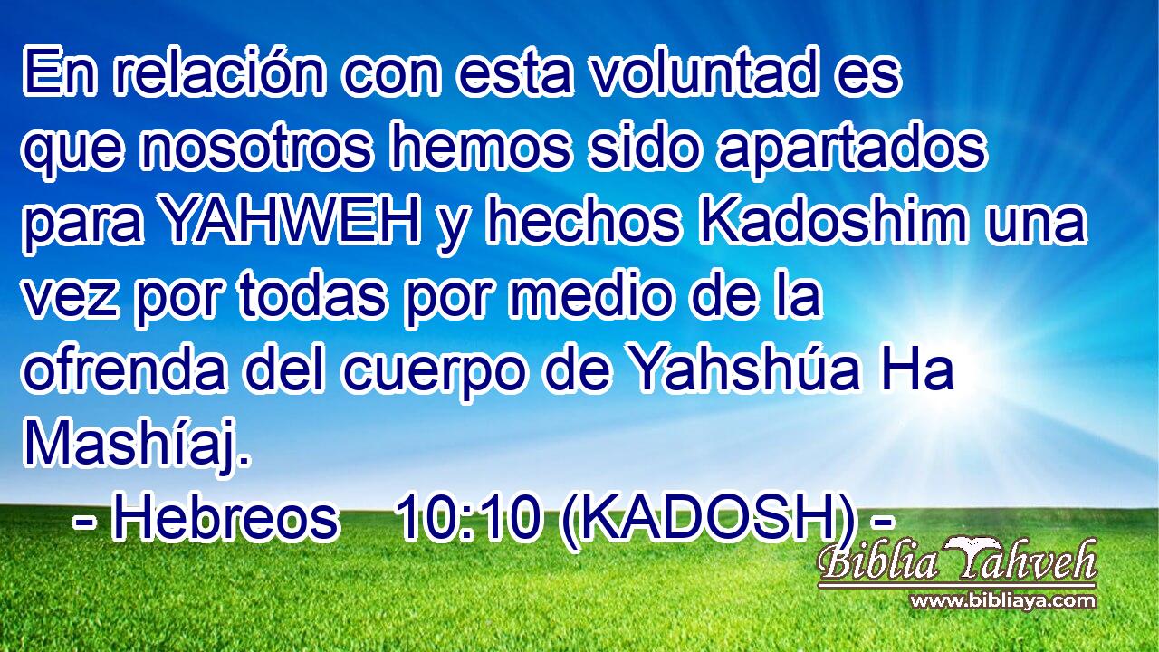  En relación con esta voluntad es que nosotros hemos sido apartados para YAHWEH y hechos Kadoshim una vez por todas por medio de la ofrenda del cuerpo de Yahshúa Ha Mashíaj. 