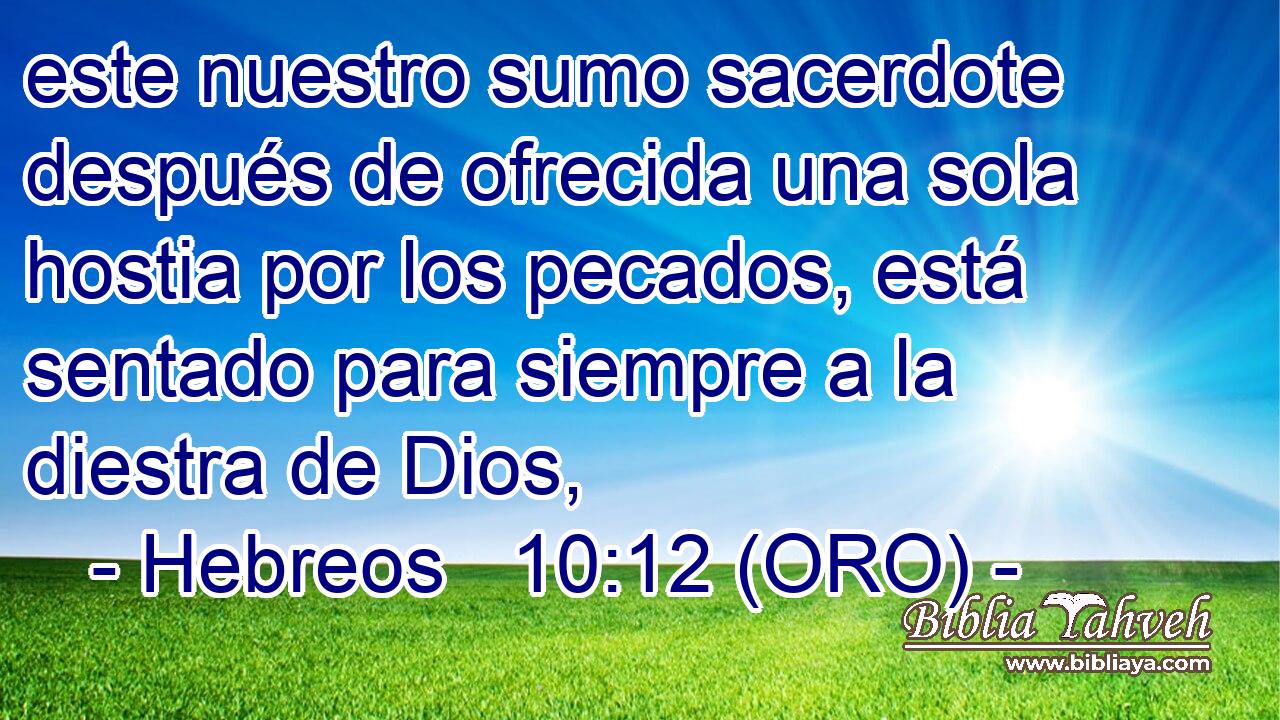  este nuestro sumo sacerdote después de ofrecida una sola hostia por los pecados, está sentado para siempre a la diestra de Dios, 