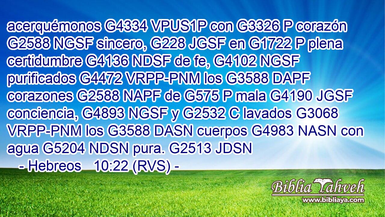 acerquémonos G4334 VPUS1P con G3326 P corazón G2588 NGSF sincero, G228 JGSF en G1722 P plena certidumbre G4136 NDSF de fe, G4102 NGSF purificados G4472 VRPP-PNM los G3588 DAPF corazones G2588 NAPF de G575 P mala G4190 JGSF conciencia, G4893 NGSF y G2532 C lavados G3068 VRPP-PNM los G3588 DASN cuerpos G4983 NASN con agua G5204 NDSN pura. G2513 JDSN 