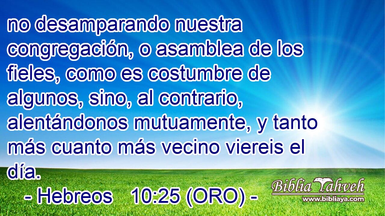  no desamparando nuestra congregación, o asamblea de los fieles, como es costumbre de algunos, sino, al contrario, alentándonos mutuamente, y tanto más cuanto más vecino viereis el día. 
