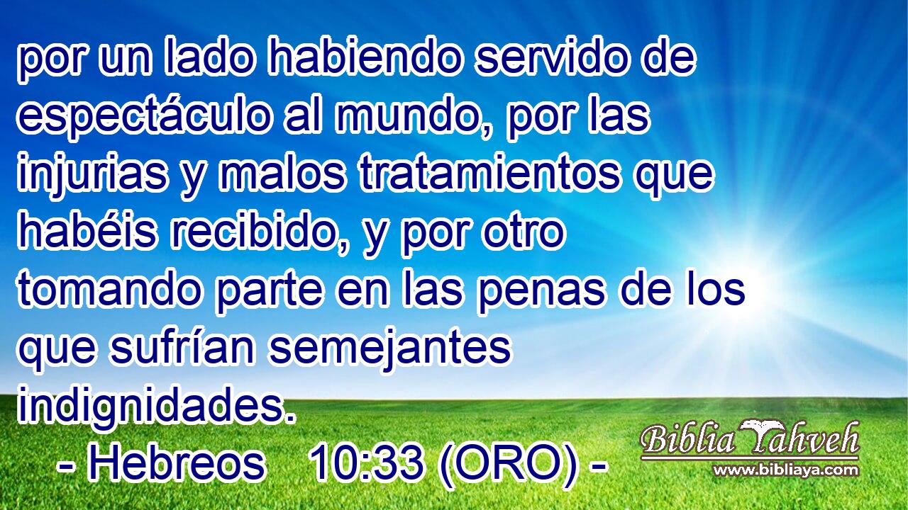  por un lado habiendo servido de espectáculo al mundo, por las injurias y malos tratamientos que habéis recibido, y por otro tomando parte en las penas de los que sufrían semejantes indignidades. 