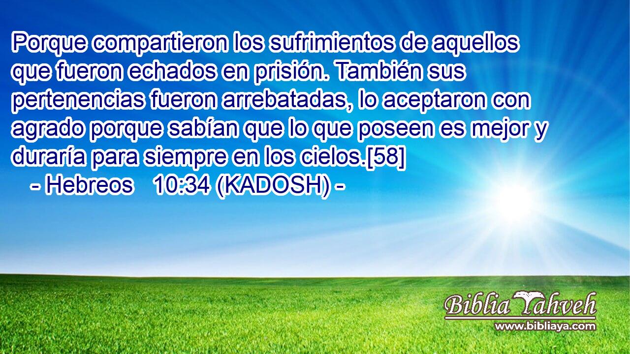  Porque compartieron los sufrimientos de aquellos que fueron echados en prisión. También sus pertenencias fueron arrebatadas, lo aceptaron con agrado porque sabían que lo que poseen es mejor y duraría para siempre en los cielos.[58] 