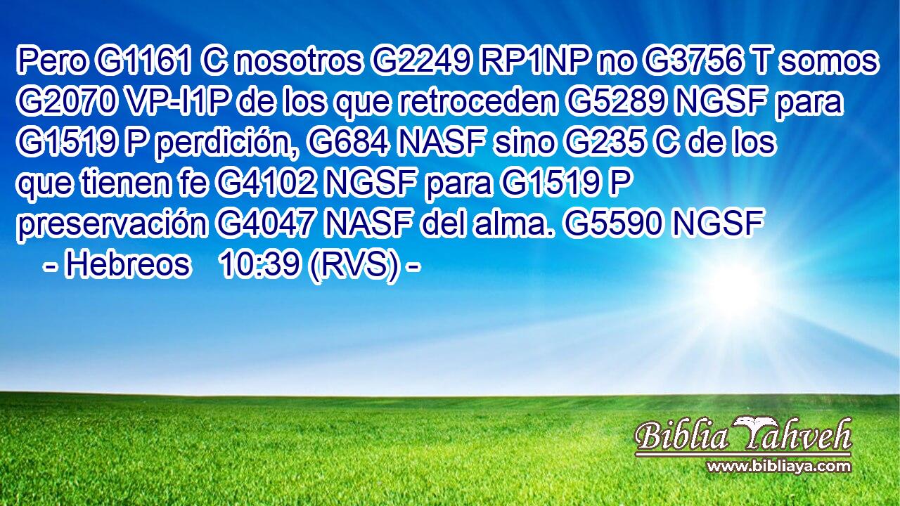 Pero G1161 C nosotros G2249 RP1NP no G3756 T somos G2070 VP-I1P de los que retroceden G5289 NGSF para G1519 P perdición, G684 NASF sino G235 C de los que tienen fe G4102 NGSF para G1519 P preservación G4047 NASF del alma. G5590 NGSF 