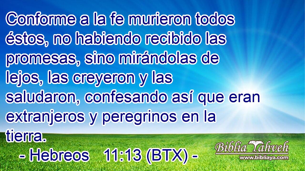 Conforme a la fe murieron todos éstos, no habiendo recibido las promesas, sino mirándolas de lejos, las creyeron y las saludaron, confesando así que eran extranjeros y peregrinos en la tierra.