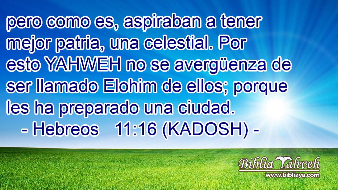  pero como es, aspiraban a tener mejor patria, una celestial. Por esto YAHWEH no se avergüenza de ser llamado Elohim de ellos; porque les ha preparado una ciudad. 