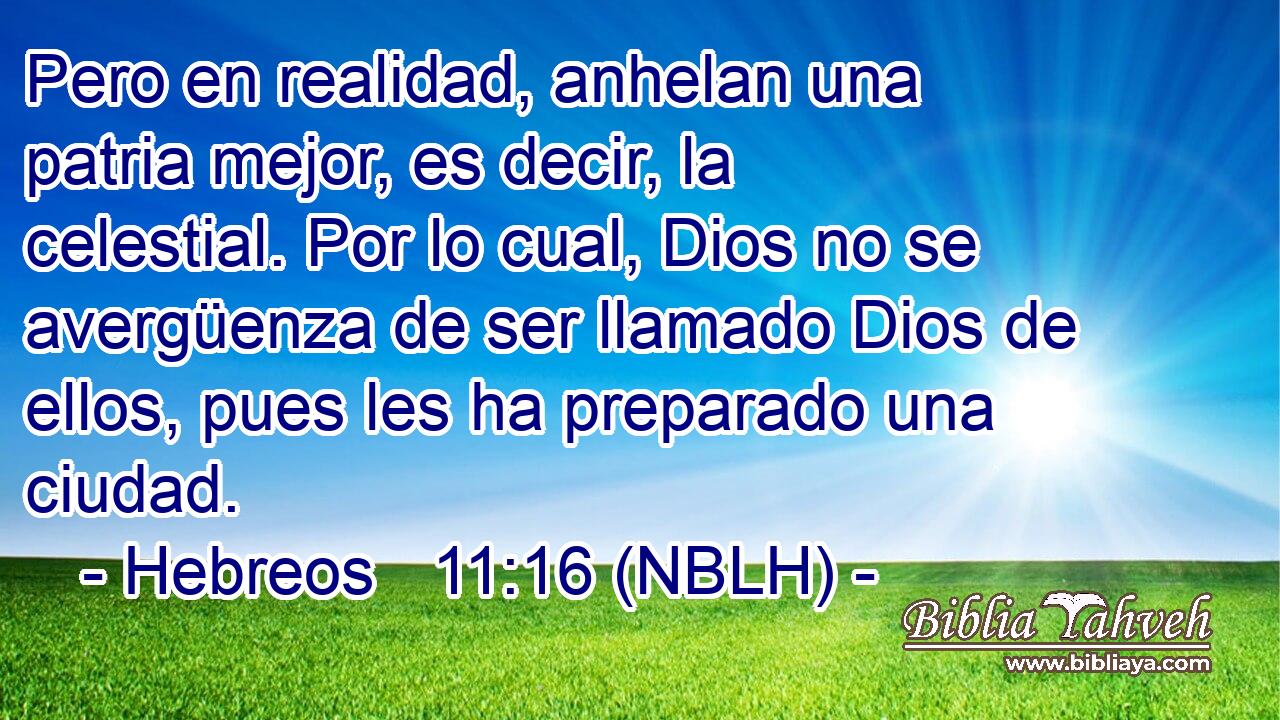  Pero en realidad, anhelan una patria mejor, es decir, la celestial. Por lo cual, Dios no se avergüenza de ser llamado Dios de ellos, pues les ha preparado una ciudad. 