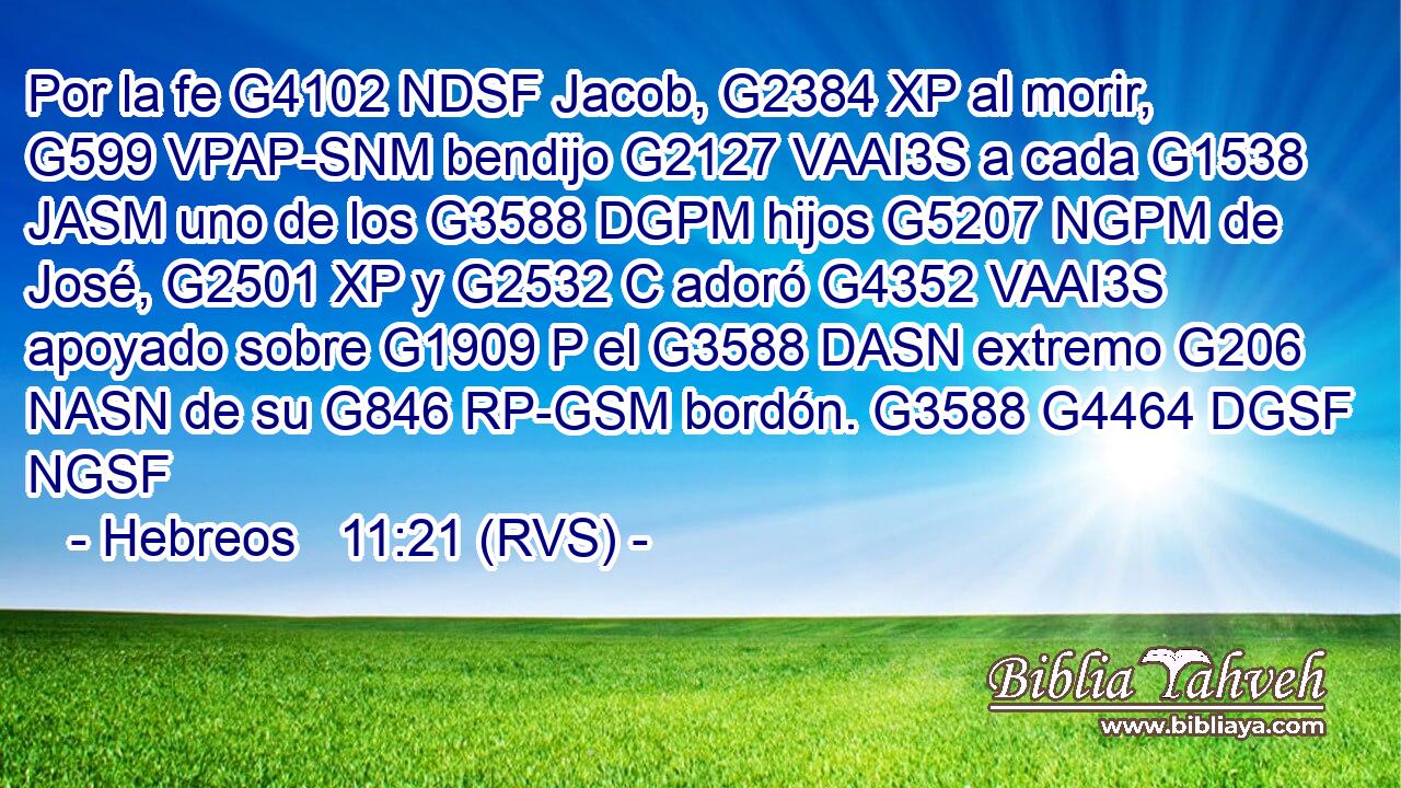 Por la fe G4102 NDSF Jacob, G2384 XP al morir, G599 VPAP-SNM bendijo G2127 VAAI3S a cada G1538 JASM uno de los G3588 DGPM hijos G5207 NGPM de José, G2501 XP y G2532 C adoró G4352 VAAI3S apoyado sobre G1909 P el G3588 DASN extremo G206 NASN de su G846 RP-GSM bordón. G3588 G4464 DGSF NGSF 