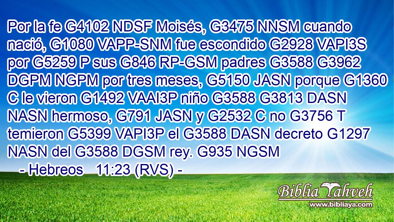 Por la fe G4102 NDSF Moisés, G3475 NNSM cuando nació, G1080 VAPP-SNM fue escondido G2928 VAPI3S por G5259 P sus G846 RP-GSM padres G3588 G3962 DGPM NGPM por tres meses, G5150 JASN porque G1360 C le vieron G1492 VAAI3P niño G3588 G3813 DASN NASN hermoso, G791 JASN y G2532 C no G3756 T temieron G5399 VAPI3P el G3588 DASN decreto G1297 NASN del G3588 DGSM rey. G935 NGSM 