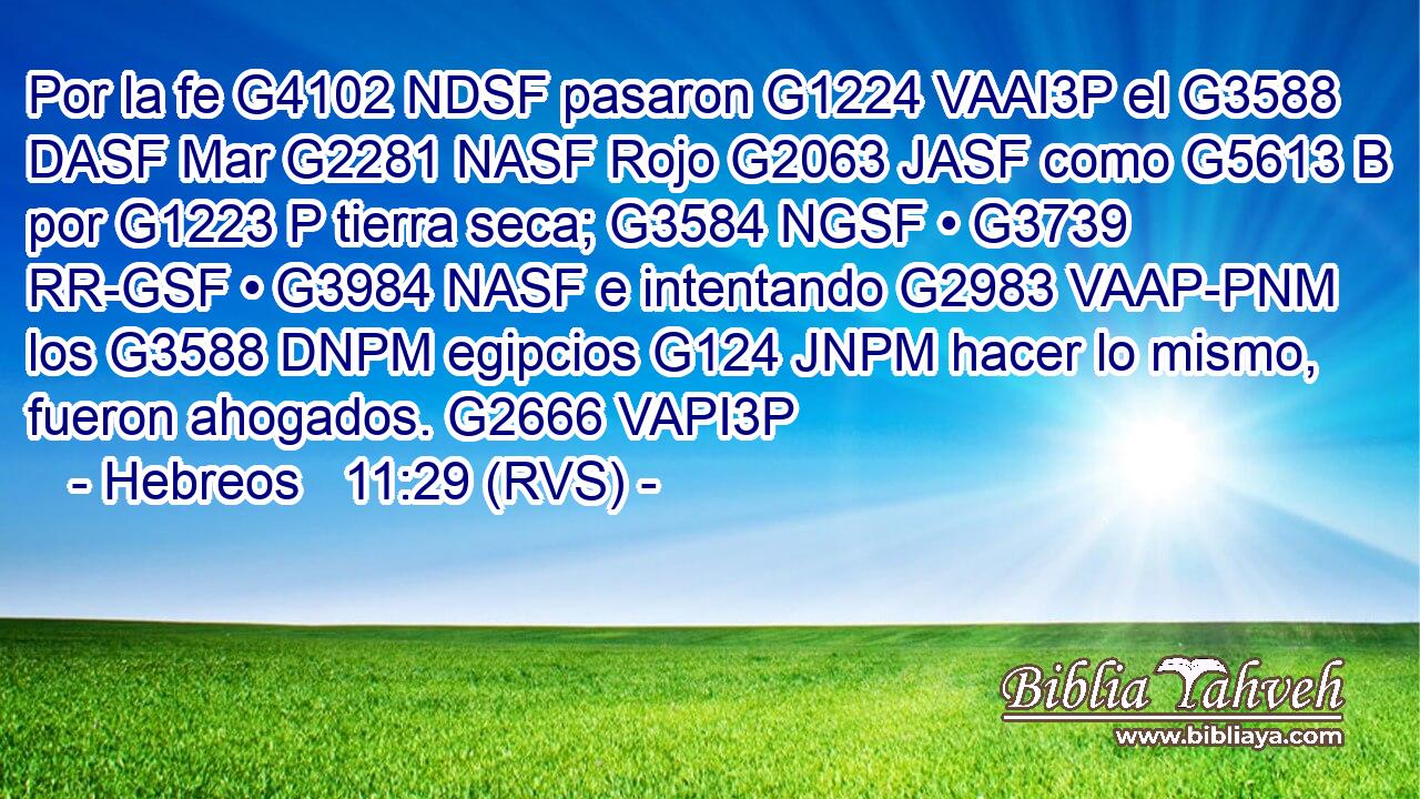 Por la fe G4102 NDSF pasaron G1224 VAAI3P el G3588 DASF Mar G2281 NASF Rojo G2063 JASF como G5613 B por G1223 P tierra seca; G3584 NGSF • G3739 RR-GSF • G3984 NASF e intentando G2983 VAAP-PNM los G3588 DNPM egipcios G124 JNPM hacer lo mismo, fueron ahogados. G2666 VAPI3P 