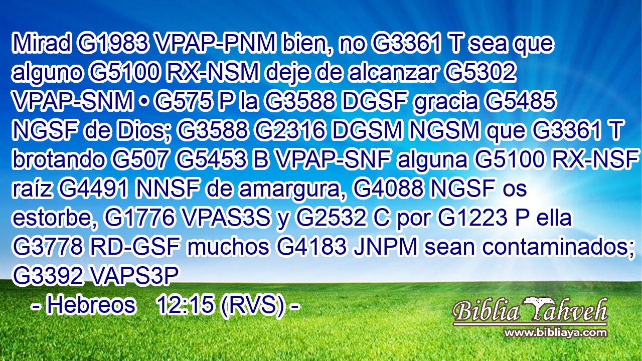 Mirad G1983 VPAP-PNM bien, no G3361 T sea que alguno G5100 RX-NSM deje de alcanzar G5302 VPAP-SNM • G575 P la G3588 DGSF gracia G5485 NGSF de Dios; G3588 G2316 DGSM NGSM que G3361 T brotando G507 G5453 B VPAP-SNF alguna G5100 RX-NSF raíz G4491 NNSF de amargura, G4088 NGSF os estorbe, G1776 VPAS3S y G2532 C por G1223 P ella G3778 RD-GSF muchos G4183 JNPM sean contaminados; G3392 VAPS3P 
