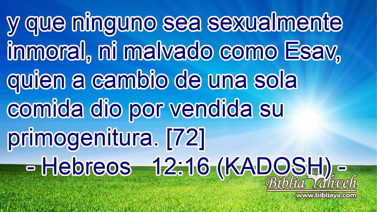  y que ninguno sea sexualmente inmoral, ni malvado como Esav, quien a cambio de una sola comida dio por vendida su primogenitura. [72] 