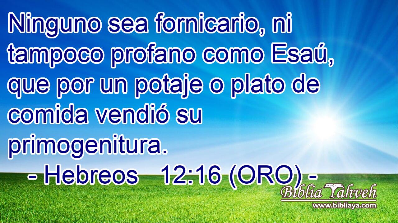  Ninguno sea fornicario, ni tampoco profano como Esaú, que por un potaje o plato de comida vendió su primogenitura. 