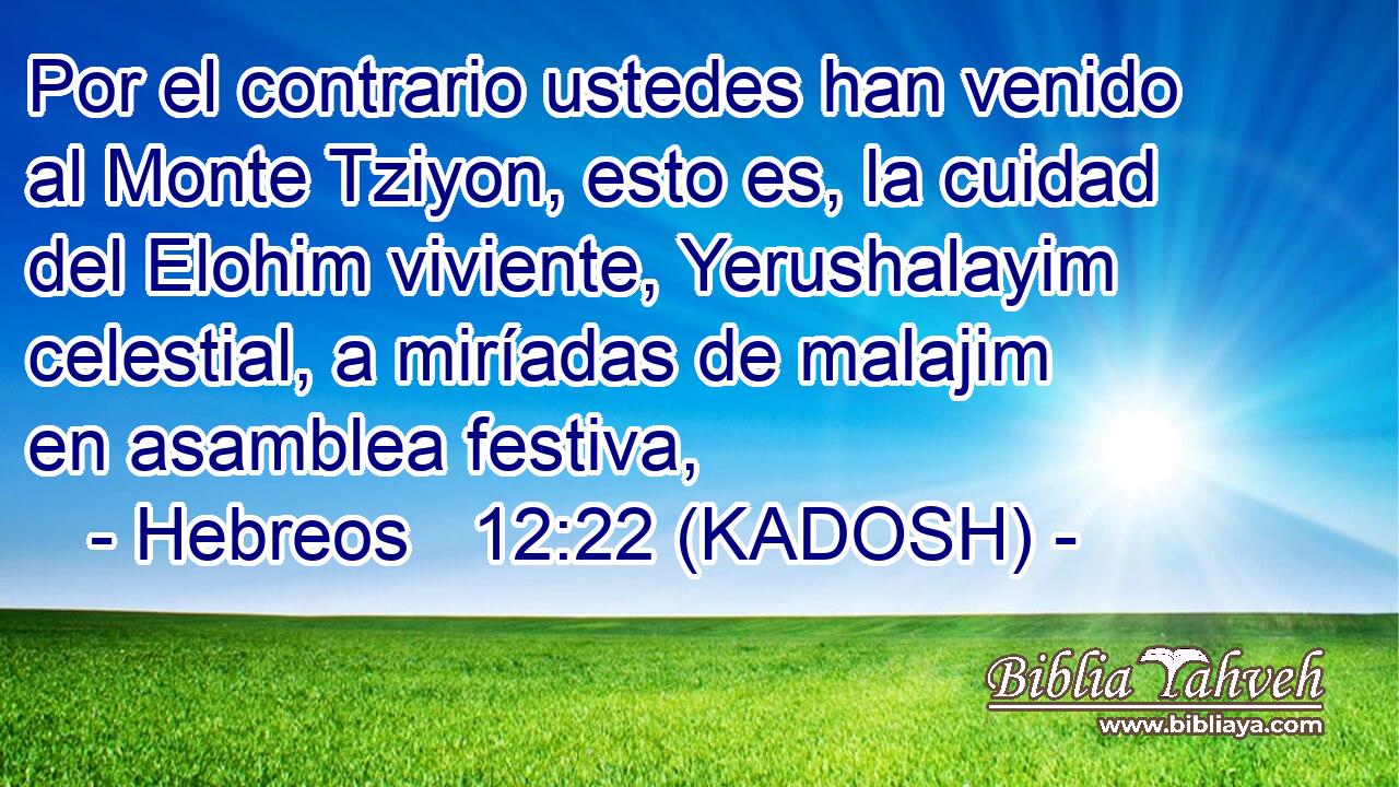  Por el contrario ustedes han venido al Monte Tziyon, esto es, la cuidad del Elohim viviente, Yerushalayim celestial, a miríadas de malajim en asamblea festiva, 