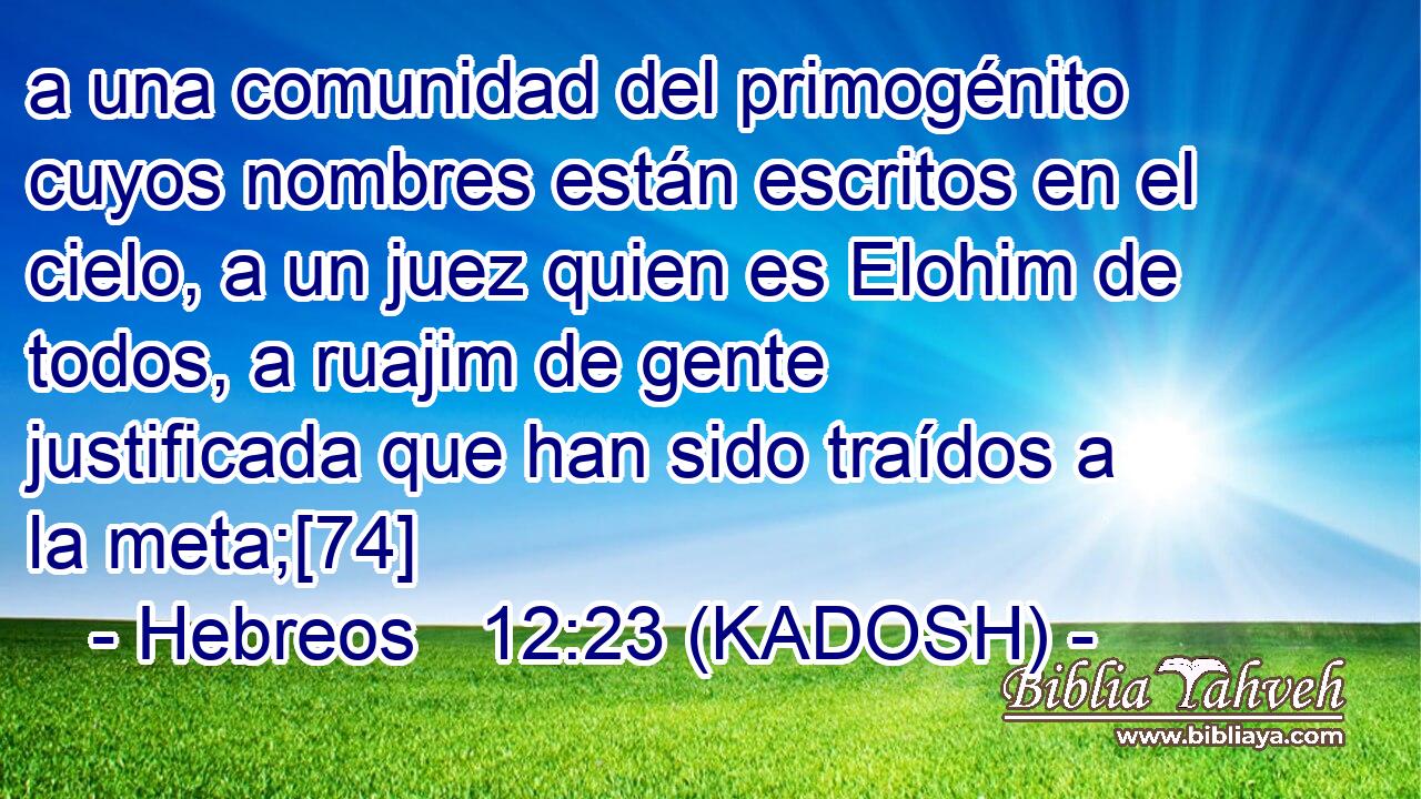  a una comunidad del primogénito cuyos nombres están escritos en el cielo, a un juez quien es Elohim de todos, a ruajim de gente justificada que han sido traídos a la meta;[74] 