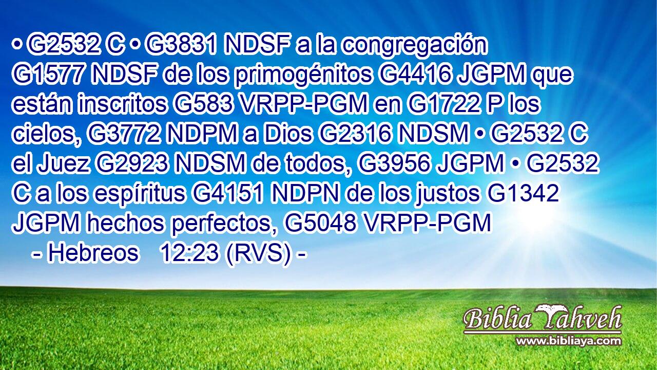 • G2532 C • G3831 NDSF a la congregación G1577 NDSF de los primogénitos G4416 JGPM que están inscritos G583 VRPP-PGM en G1722 P los cielos, G3772 NDPM a Dios G2316 NDSM • G2532 C el Juez G2923 NDSM de todos, G3956 JGPM • G2532 C a los espíritus G4151 NDPN de los justos G1342 JGPM hechos perfectos, G5048 VRPP-PGM 