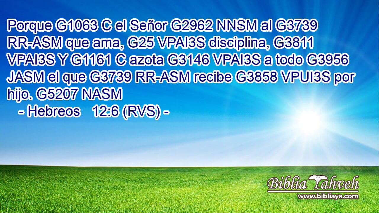 Porque G1063 C el Señor G2962 NNSM al G3739 RR-ASM que ama, G25 VPAI3S disciplina, G3811 VPAI3S Y G1161 C azota G3146 VPAI3S a todo G3956 JASM el que G3739 RR-ASM recibe G3858 VPUI3S por hijo. G5207 NASM 