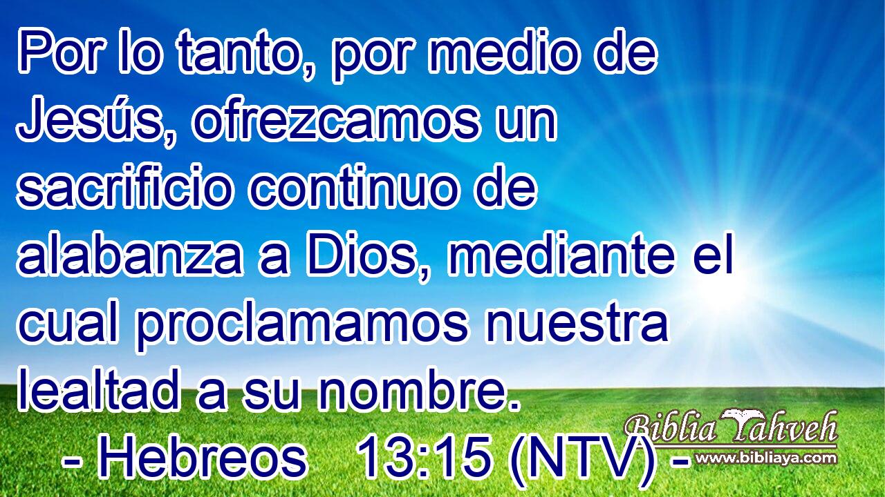 Por lo tanto, por medio de Jesús, ofrezcamos un sacrificio continuo de alabanza a Dios, mediante el cual proclamamos nuestra lealtad a su nombre.