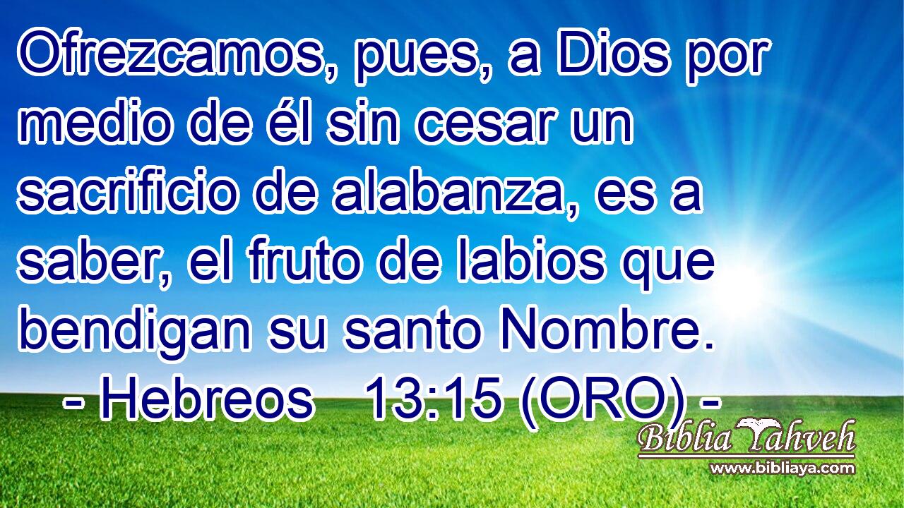  Ofrezcamos, pues, a Dios por medio de él sin cesar un sacrificio de alabanza, es a saber, el fruto de labios que bendigan su santo Nombre. 