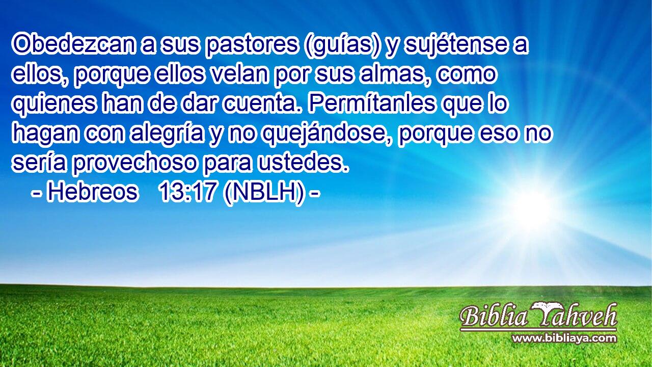  Obedezcan a sus pastores (guías) y sujétense a ellos, porque ellos velan por sus almas, como quienes han de dar cuenta. Permítanles que lo hagan con alegría y no quejándose, porque eso no sería provechoso para ustedes. 