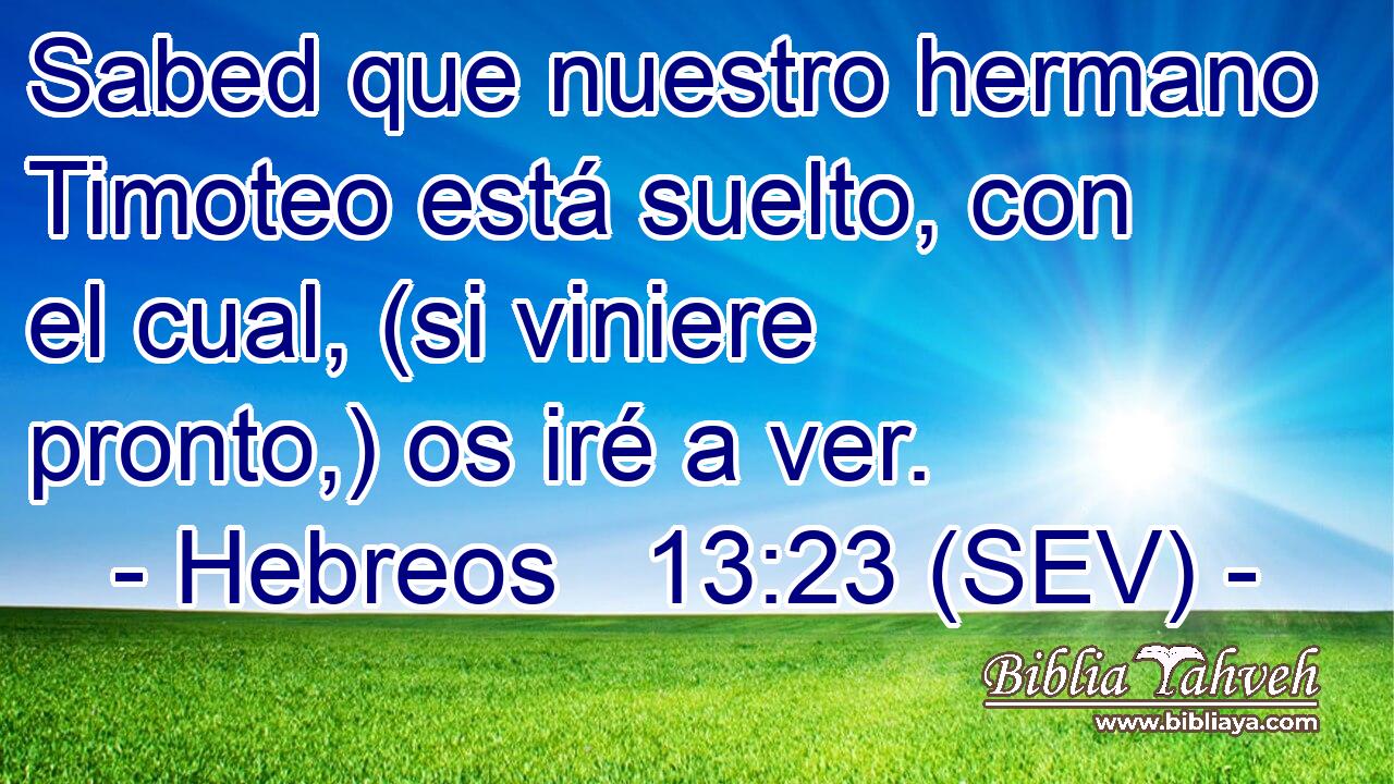 Sabed que nuestro hermano Timoteo está suelto, con el cual, (si viniere pronto,) os iré a ver.