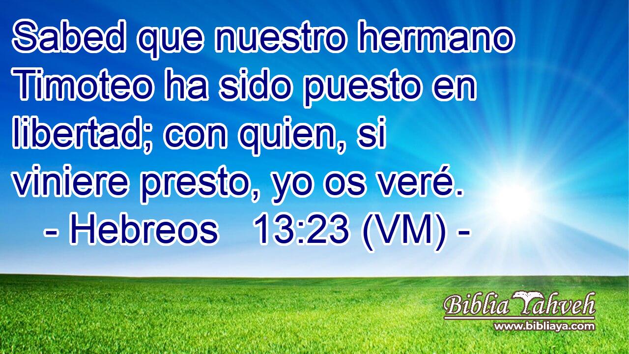  Sabed que nuestro hermano Timoteo ha sido puesto en libertad; con quien, si viniere presto, yo os veré. 