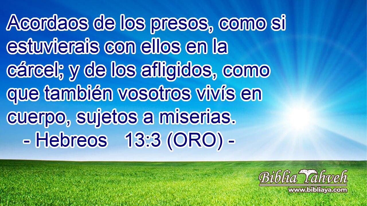  Acordaos de los presos, como si estuvierais con ellos en la cárcel; y de los afligidos, como que también vosotros vivís en cuerpo, sujetos a miserias. 
