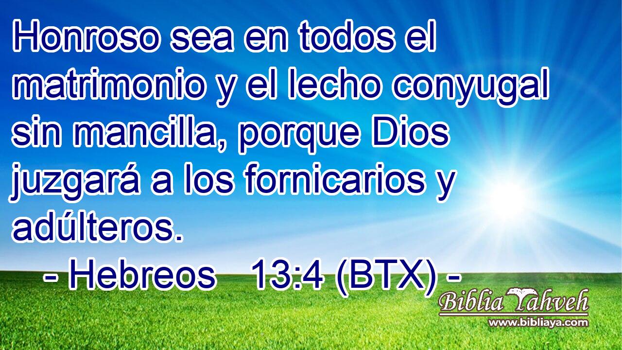 Honroso sea en todos el matrimonio y el lecho conyugal sin mancilla, porque Dios juzgará a los fornicarios y adúlteros.
