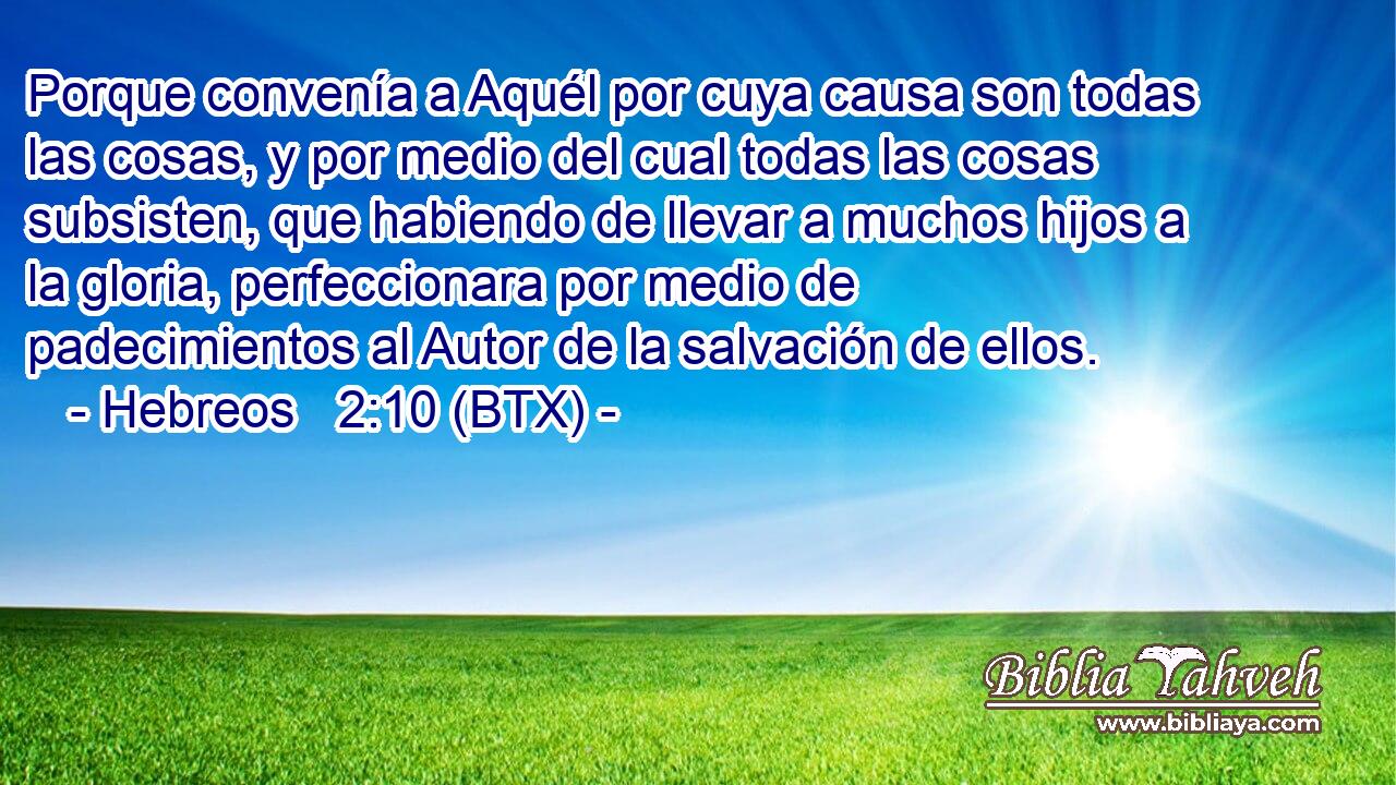 Porque convenía a Aquél por cuya causa son todas las cosas, y por medio del cual todas las cosas subsisten, que habiendo de llevar a muchos hijos a la gloria, perfeccionara por medio de padecimientos al Autor de la salvación de ellos.