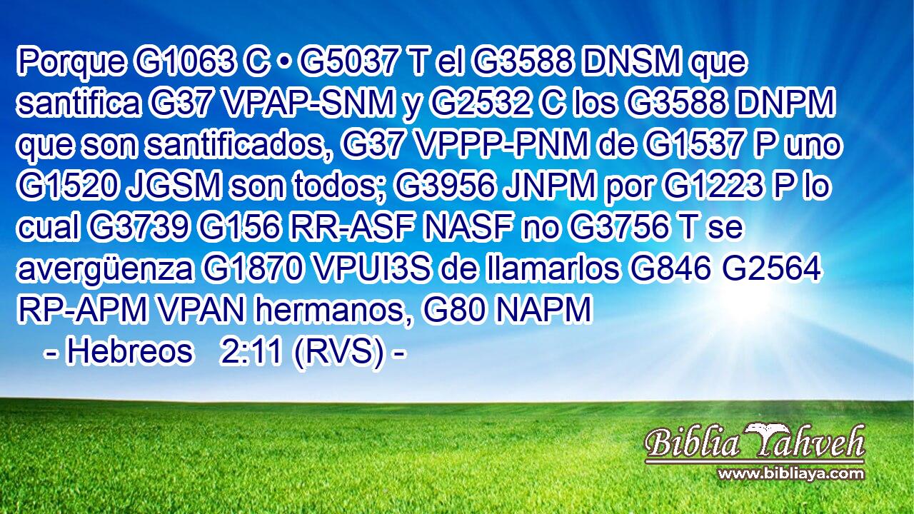 Porque G1063 C • G5037 T el G3588 DNSM que santifica G37 VPAP-SNM y G2532 C los G3588 DNPM que son santificados, G37 VPPP-PNM de G1537 P uno G1520 JGSM son todos; G3956 JNPM por G1223 P lo cual G3739 G156 RR-ASF NASF no G3756 T se avergüenza G1870 VPUI3S de llamarlos G846 G2564 RP-APM VPAN hermanos, G80 NAPM 