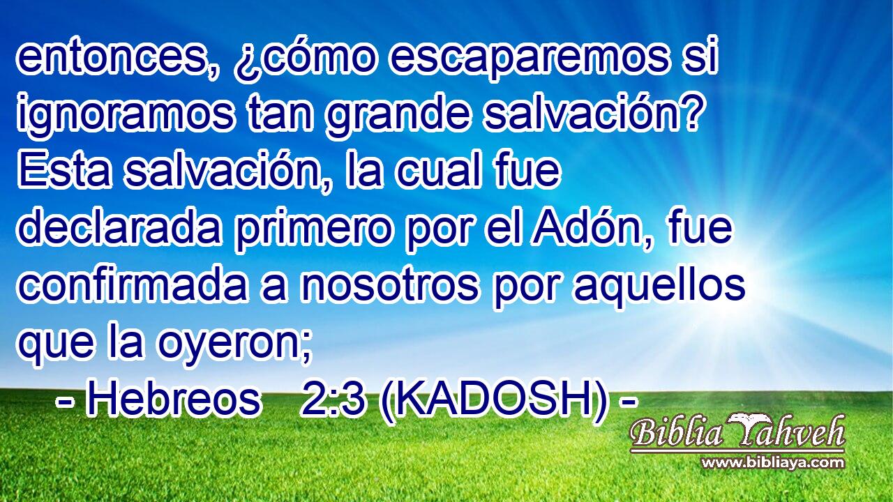  entonces, ¿cómo escaparemos si ignoramos tan grande salvación? Esta salvación, la cual fue declarada primero por el Adón, fue confirmada a nosotros por aquellos que la oyeron; 