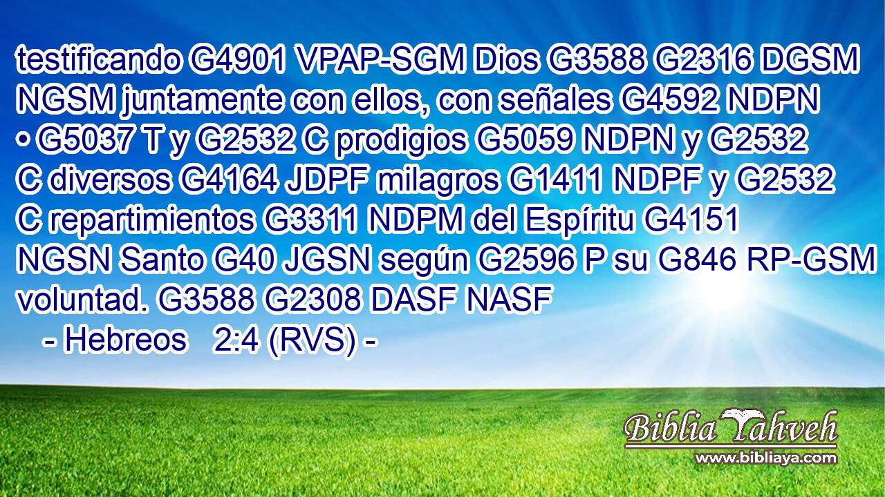 testificando G4901 VPAP-SGM Dios G3588 G2316 DGSM NGSM juntamente con ellos, con señales G4592 NDPN • G5037 T y G2532 C prodigios G5059 NDPN y G2532 C diversos G4164 JDPF milagros G1411 NDPF y G2532 C repartimientos G3311 NDPM del Espíritu G4151 NGSN Santo G40 JGSN según G2596 P su G846 RP-GSM voluntad. G3588 G2308 DASF NASF 