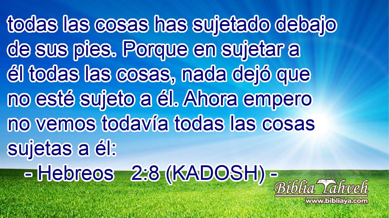  todas las cosas has sujetado debajo de sus pies. Porque en sujetar a él todas las cosas, nada dejó que no esté sujeto a él. Ahora empero no vemos todavía todas las cosas sujetas a él: 