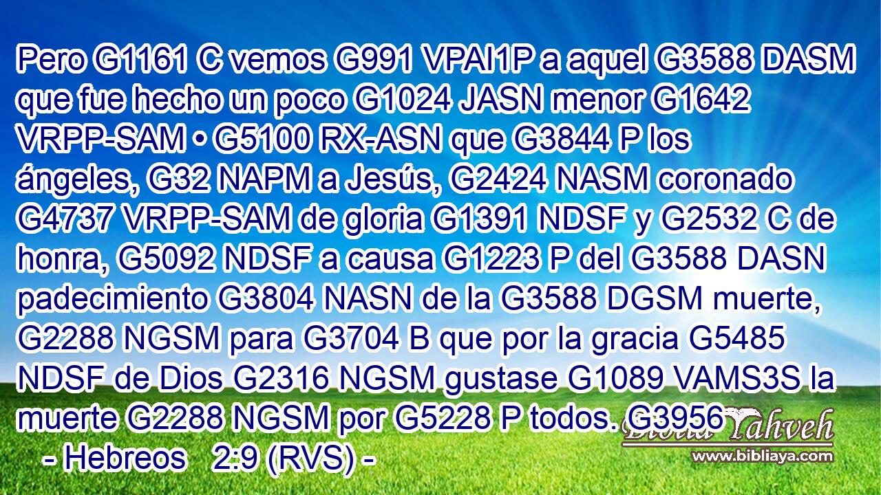 Pero G1161 C vemos G991 VPAI1P a aquel G3588 DASM que fue hecho un poco G1024 JASN menor G1642 VRPP-SAM • G5100 RX-ASN que G3844 P los ángeles, G32 NAPM a Jesús, G2424 NASM coronado G4737 VRPP-SAM de gloria G1391 NDSF y G2532 C de honra, G5092 NDSF a causa G1223 P del G3588 DASN padecimiento G3804 NASN de la G3588 DGSM muerte, G2288 NGSM para G3704 B que por la gracia G5485 NDSF de Dios G2316 NGSM gustase G1089 VAMS3S la muerte G2288 NGSM por G5228 P todos. G3956