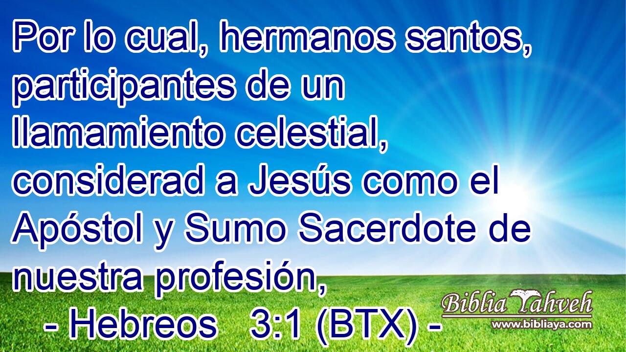 Por lo cual, hermanos santos, participantes de un llamamiento celestial, considerad a Jesús como el Apóstol y Sumo Sacerdote de nuestra profesión,