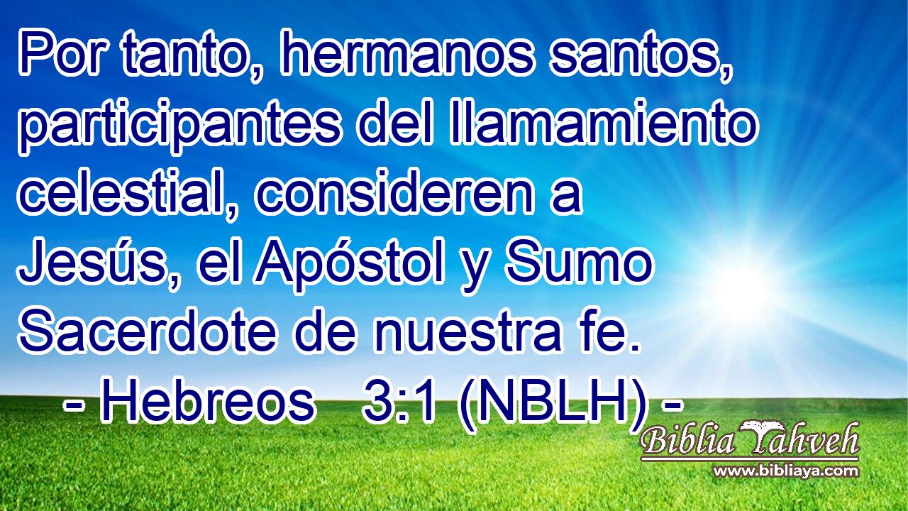  Por tanto, hermanos santos, participantes del llamamiento celestial, consideren a Jesús, el Apóstol y Sumo Sacerdote de nuestra fe. 