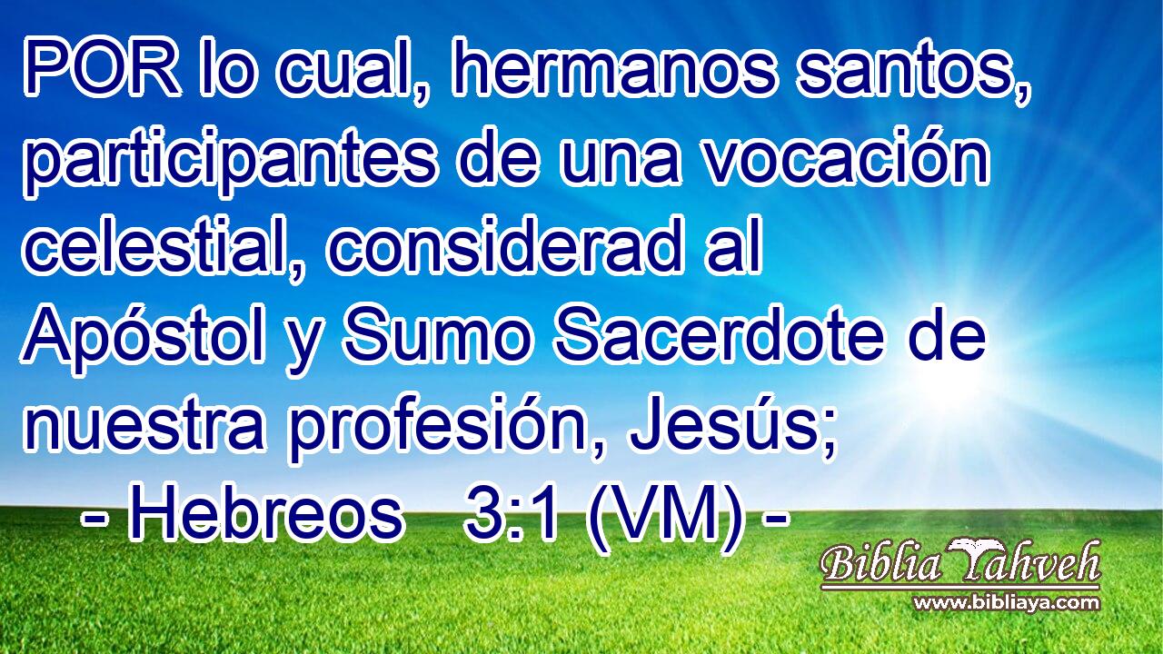 POR lo cual, hermanos santos, participantes de una vocación celestial, considerad al Apóstol y Sumo Sacerdote de nuestra profesión, Jesús; 