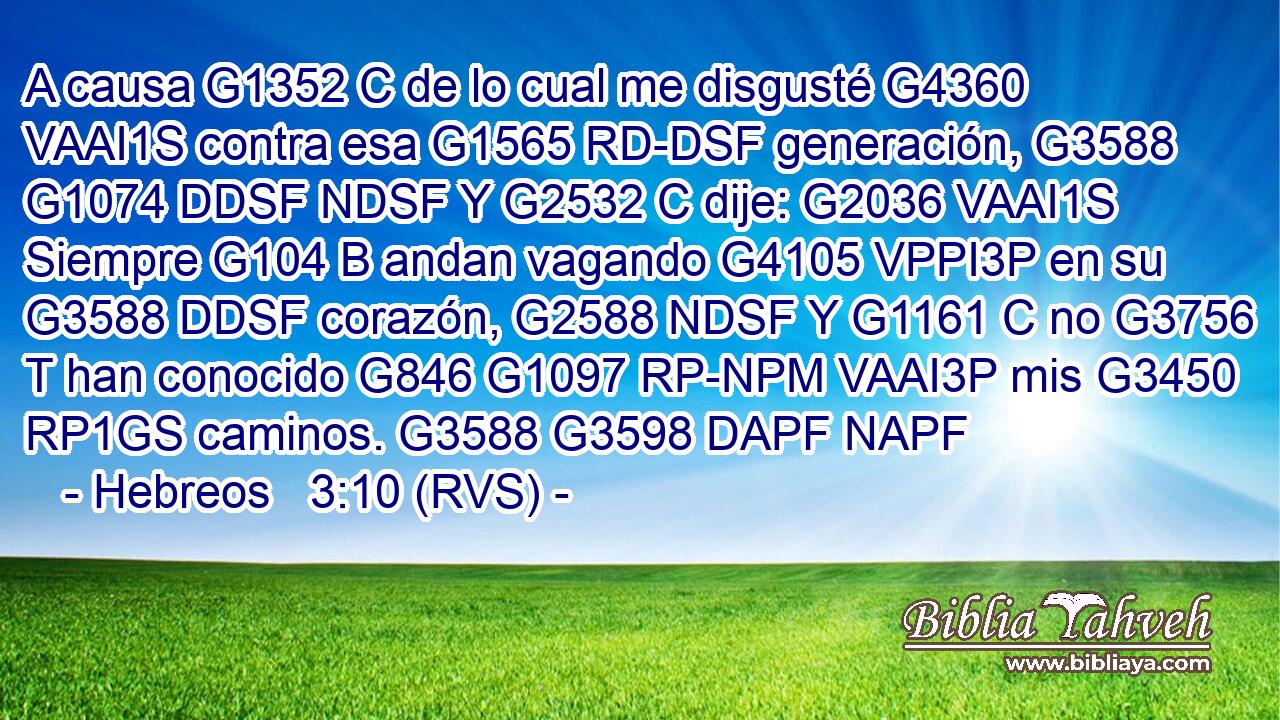 A causa G1352 C de lo cual me disgusté G4360 VAAI1S contra esa G1565 RD-DSF generación, G3588 G1074 DDSF NDSF Y G2532 C dije: G2036 VAAI1S Siempre G104 B andan vagando G4105 VPPI3P en su G3588 DDSF corazón, G2588 NDSF Y G1161 C no G3756 T han conocido G846 G1097 RP-NPM VAAI3P mis G3450 RP1GS caminos. G3588 G3598 DAPF NAPF 