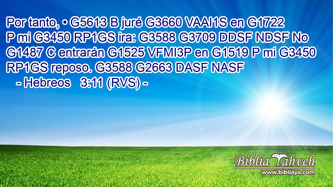 Por tanto, • G5613 B juré G3660 VAAI1S en G1722 P mi G3450 RP1GS ira: G3588 G3709 DDSF NDSF No G1487 C entrarán G1525 VFMI3P en G1519 P mi G3450 RP1GS reposo. G3588 G2663 DASF NASF 